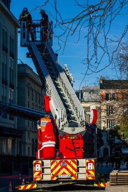 Reims France December 18, 2020 View of a traditional French fire fighter in intervention in front of the Reims cathedral during the coronavirus pandemic affecting France