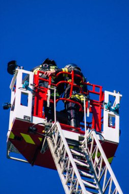 Reims France December 18, 2020 View of a traditional French fire fighter in intervention in front of the Reims cathedral during the coronavirus pandemic affecting France