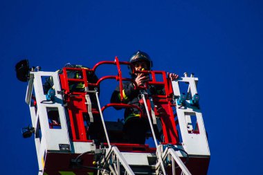 Reims France December 18, 2020 View of a traditional French fire fighter in intervention in front of the Reims cathedral during the coronavirus pandemic affecting France