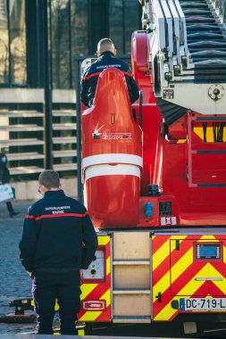 Reims France December 18, 2020 View of a traditional French fire fighter in intervention in front of the Reims cathedral during the coronavirus pandemic affecting France