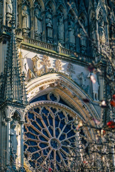 Reims France Decembrie 2020 Vedere Fațadei Exterioare Catedralei Notre Dame — Fotografie, imagine de stoc