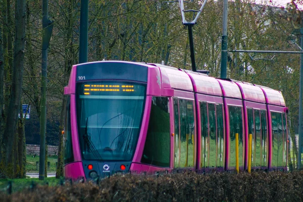 Reims Frankrike Januari 2021 View Modern Electric Tram Passengers Rolling — Stockfoto