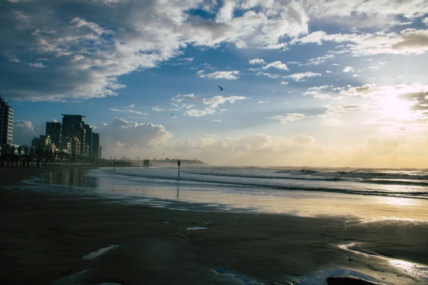 Tel Aviv Izrael Január 2021 Nézd Meg Üres Strand Tel — Stock Fotó