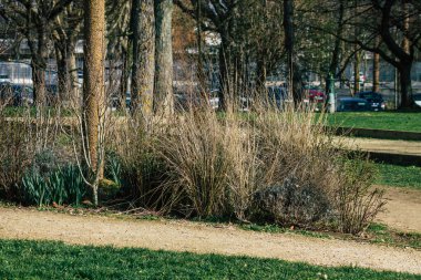 Reims France February 24, 2021 Empty public garden of the city of Reims during the coronavirus pandemic affecting France