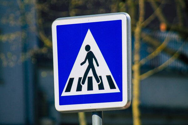 Reims France March 29, 2021 Street sign or road sign, erected at the side of or above roads to provide information to road user in the downtown area of Reims