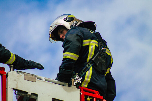 Reims France May 04, 2021 French fire fighter in intervention in the streets of Reims during the coronavirus outbreak hitting France