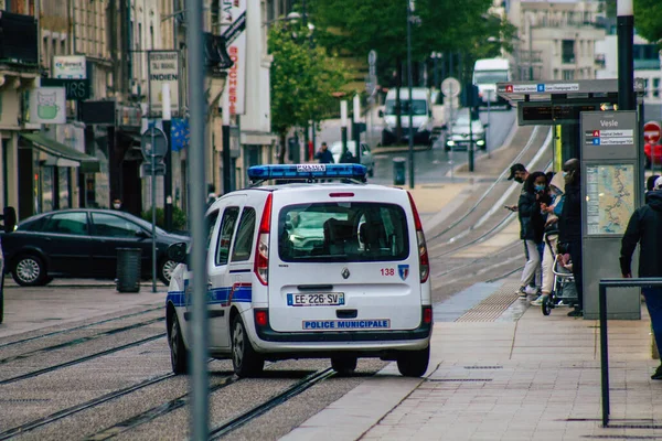 Reims Francie 2021 Policie Zásazích Ulicích Remeše Během Epidemie Koronaviru — Stock fotografie