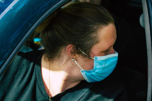 Reims França Maio 2021 Mulher Com Máscara Facial Dirigindo Carro — Fotografia de Stock