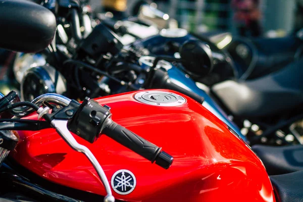 Reims França Maio 2021 Fechar Mecânica Uma Motocicleta Estacionada Estacionamento — Fotografia de Stock