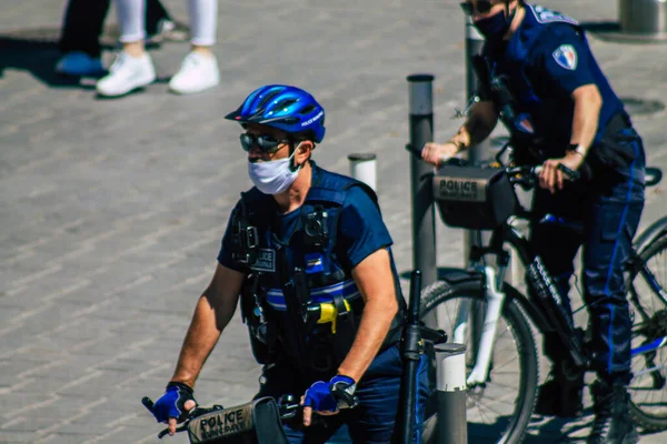 Reims France May 2021 Policeman Bicycle Patrolling Downtown Reims Deconfinement — Stock Photo, Image