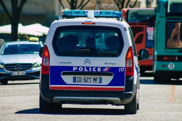 Reims Frankrike Maj 2021 Polisbil Patrullerar Centrala Reims Nedstängning För — Stockfoto