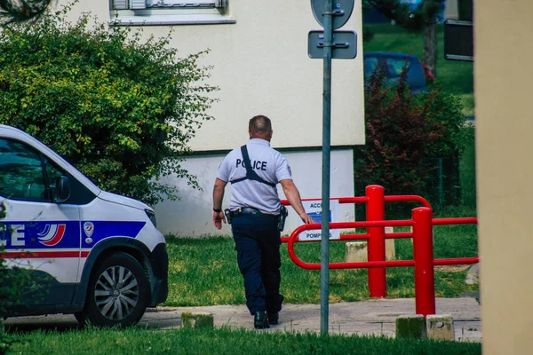 Reims France June 2021 Police Patrol Enforcing Social Distancing Streets — Stock Photo, Image