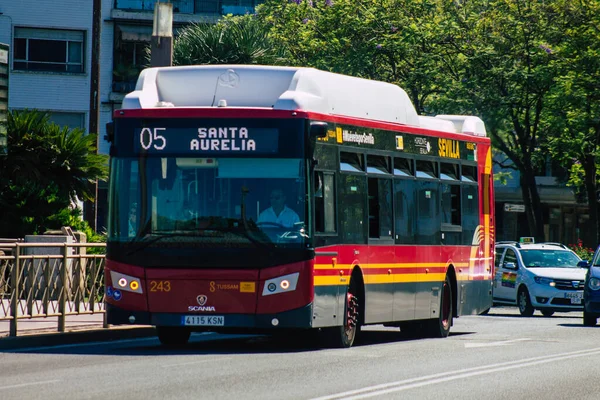 Seville Spain July 2021 Bus Driving Streets Seville Emblematic City — Stock Photo, Image