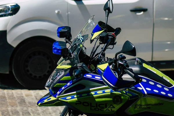 Seville Spanyol Juli 2021 Polisi Sepeda Motor Diparkir Jalan Jalan — Stok Foto