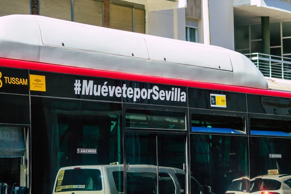 Seville Spain July 2021 Bus Driving Streets Seville Emblematic City — Stock Photo, Image