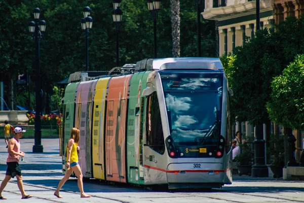 Sevilla España Julio 2021 Moderno Tranvía Eléctrico Para Pasajeros Que — Foto de Stock