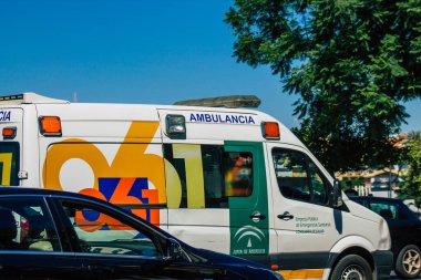 Seville Spain July 09, 2021 Ambulance driving through the streets of Seville during the coronavirus outbreak hitting Spain