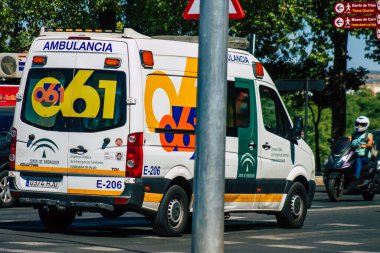 Seville Spain July 09, 2021 Ambulance driving through the streets of Seville during the coronavirus outbreak hitting Spain
