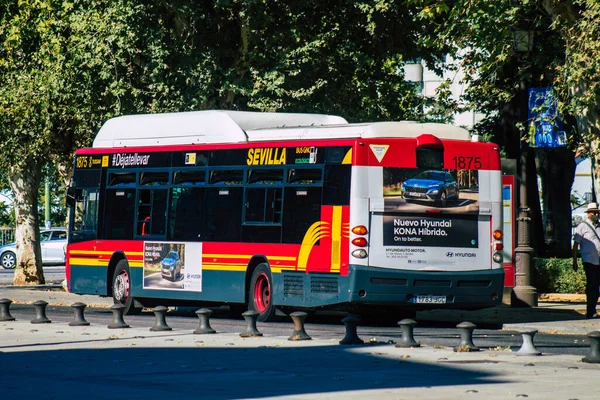 Sevilla España Julio 2021 Autobús Conduciendo Por Las Calles Sevilla —  Fotos de Stock