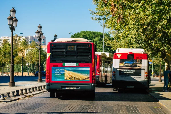 stock image Seville Spain July 09, 2021 Bus driving through the streets of Seville, an emblematic city and the capital of the region of Andalusia, in the south of Spain