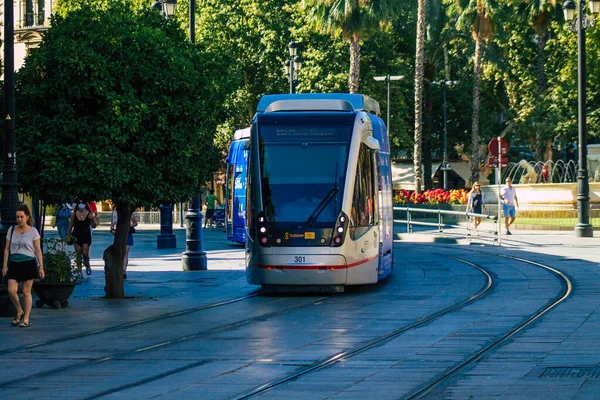 Sevilla España Julio 2021 Moderno Tranvía Eléctrico Para Pasajeros Que — Foto de Stock