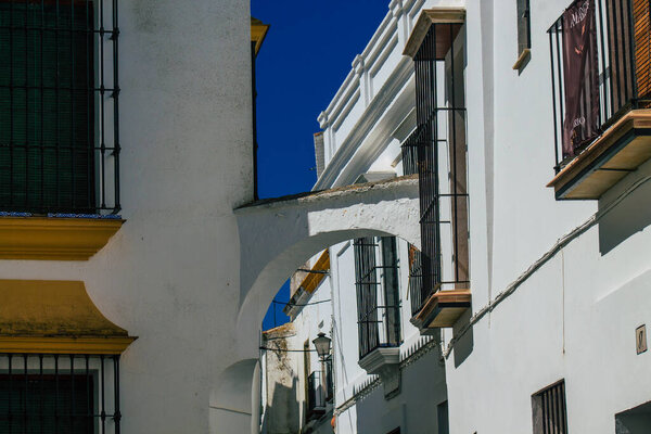 Carmona Spain July 14, 2021 Facade of a old house in the narrow streets in the town of Carmona called The Bright Star of Europe, the town shows a typical narrow and meandering Arabic layout