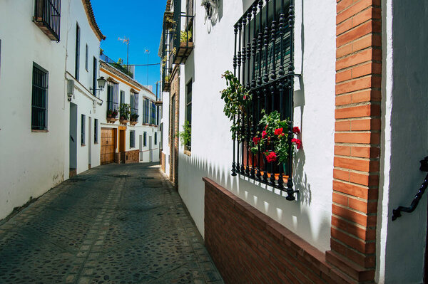 Carmona Spain July 18, 2021 Narrow street in town of Carmona called The Bright Star of Europe, the town shows a typical narrow and meandering Arabic layout
