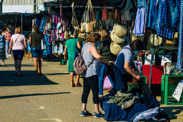 Carmona Spain July 19, 2021 Unidentified Spanish people with face mask shopping at local market in downtown during Coronavirus outbreak hitting Spain, wearing a mask is mandatory