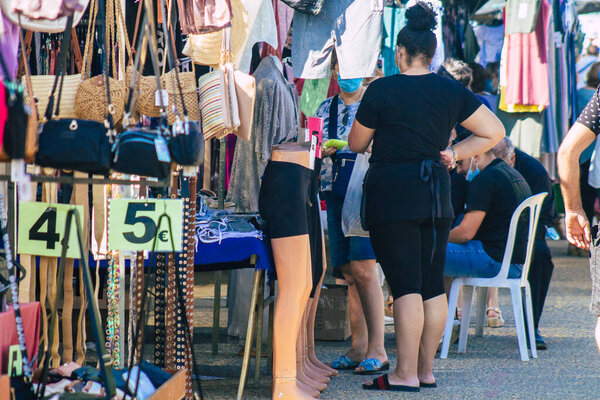 Carmona Spain July 19, 2021 Unidentified Spanish people with face mask shopping at local market in downtown during Coronavirus outbreak hitting Spain, wearing a mask is mandatory