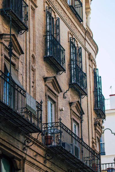 Seville Spain July 21, 2021 Facade of a building in the streets of Seville, an emblematic city and the capital of the region of Andalusia, in the south of Spain