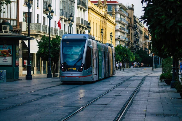 Sevilla España Julio 2021 Moderno Tranvía Eléctrico Para Pasajeros Que — Foto de Stock