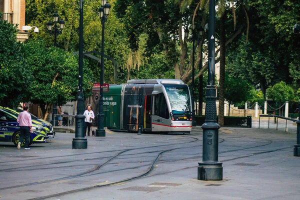 Sevilla España Julio 2021 Moderno Tranvía Eléctrico Para Pasajeros Que — Foto de Stock