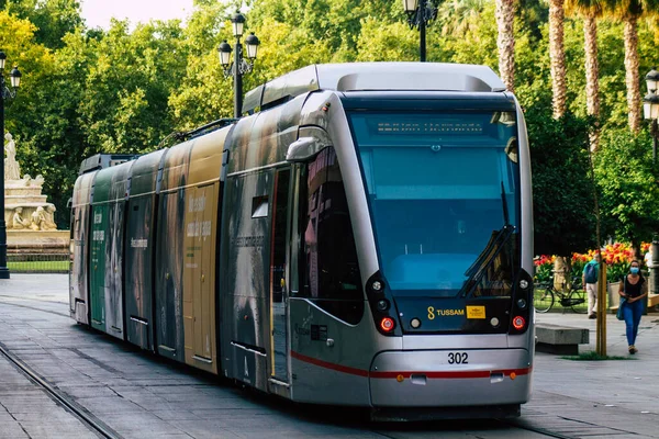 Sevilla Automatische Übersetzung Spanien Juli 2021 Moderne Elektrische Straßenbahn Für — Stockfoto