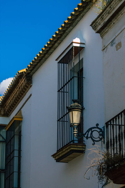 Carmona Spain July 26, 2021 Street lamp in the narrow streets in the town of Carmona called The Bright Star of Europe, the town shows a typical narrow and meandering Arabic layout