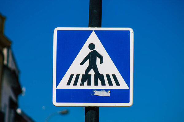 Carmona Spain July 26, 2021 Road sign, erected at the side of or above roads to provide information to road user in the typical narrow and meandering town of Carmona called The Bright Star of Europe
