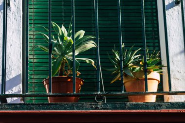 Carmona İspanya 28 Temmuz 2021, Carmona 'nın dar sokaklarında eski bir evin penceresinin kapatılması, şehir tipik bir dar ve dolambaçlı Arap yerleşimini gösteriyor.