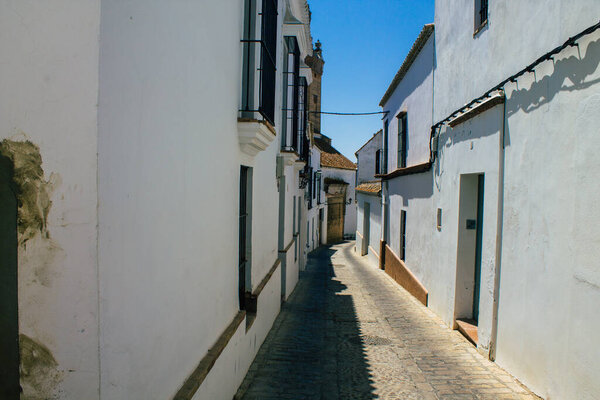 Carmona Spain July 30, 2021 Narrow street in town of Carmona called The Bright Star of Europe, the town shows a typical narrow and meandering Arabic layout which