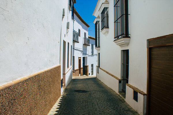 Carmona Spain July 30, 2021 Narrow street in town of Carmona called The Bright Star of Europe, the town shows a typical narrow and meandering Arabic layout which