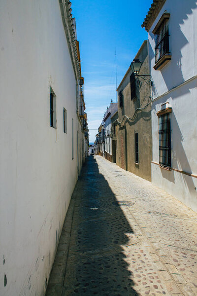 Carmona Spain July 31, 2021 Narrow street in town of Carmona called The Bright Star of Europe, the town shows a typical narrow and meandering Arabic layout