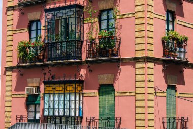 Seville İspanya 10 Ağustos 2021 İspanya 'nın güneyindeki Endülüs Bölgesi' nin başkenti ve sembolik bir şehir olan Sevilla sokaklarında bir binanın cephesi.