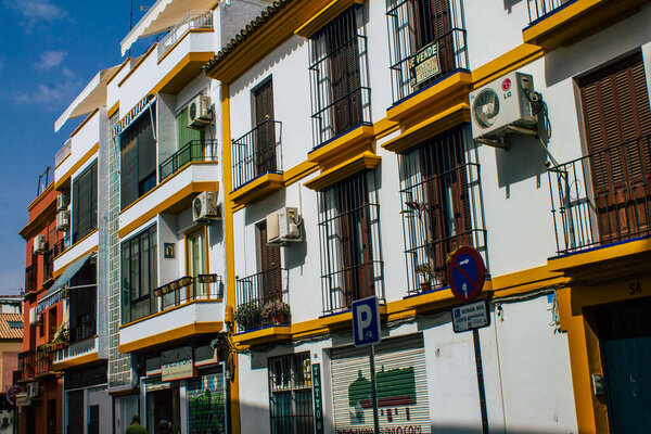 Seville Spain August 10, 2021 Facade of a building in the streets of Seville, an emblematic city and the capital of the region of Andalusia, in the south of Spain