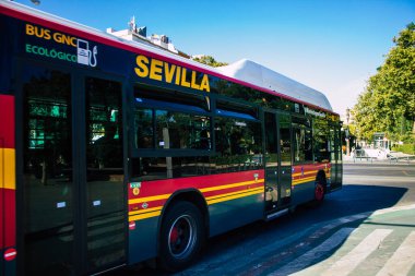 Sevilla İspanya 11 Ağustos 2021 Sevilla otobüsü Coronavirus salgını sırasında İspanya 'yı vurdu.