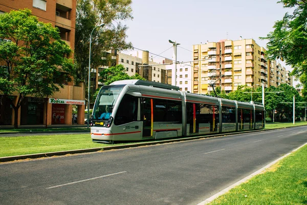 Sevilla Spanje Augustus 2021 Moderne Elektrische Tram Voor Passagiers Die — Stockfoto