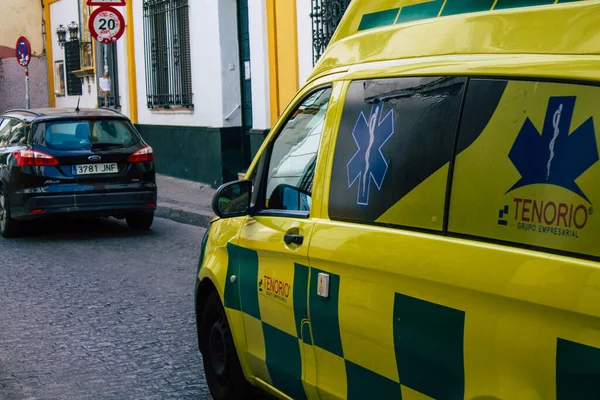 Seville Spain August 2021 Ambulance Driving Streets Seville Coronavirus Outbreak — Stock Photo, Image