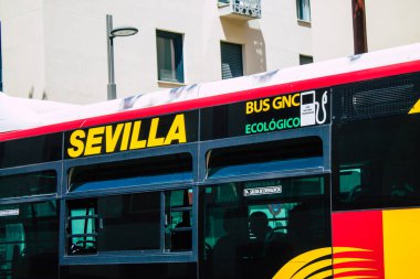 Sevilla İspanya 21 Ağustos 2021 Sevilla otobüsü Coronavirus salgını sırasında İspanya 'yı vurdu.