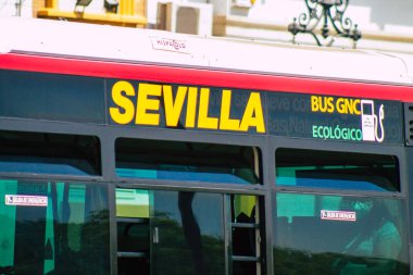 Sevilla İspanya 21 Ağustos 2021 Sevilla otobüsü Coronavirus salgını sırasında İspanya 'yı vurdu.