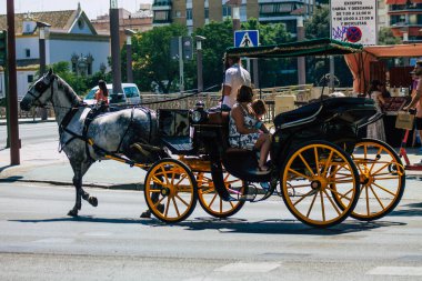 Seville İspanya 21 Ağustos 2021 Coronavirüs salgını sırasında İspanya 'ya maske takarak at arabasıyla gitmek zorunludur.