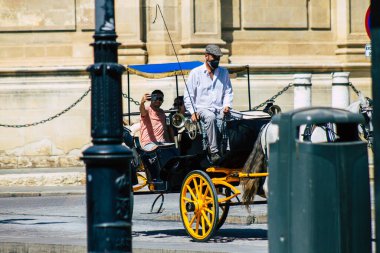 Seville İspanya 21 Ağustos 2021 Coronavirüs salgını sırasında İspanya 'ya maske takarak at arabasıyla gitmek zorunludur.