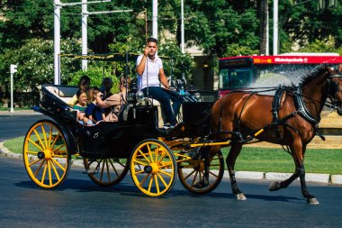 Seville İspanya 21 Ağustos 2021 Coronavirüs salgını sırasında İspanya 'ya maske takarak at arabasıyla gitmek zorunludur.