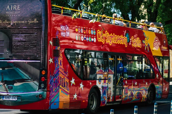 Seville Spain August 2021 Tourist Bus Driving Streets Seville Coronavirus — Stock Photo, Image
